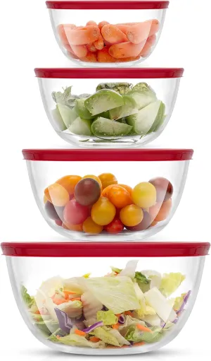 JoyJolt Kitchen Mixing Bowls - 8pc Glass with Lids Set  Neat Nesting Large Bowl Batter Cooking Storage and Big Salad BPA-Free Red