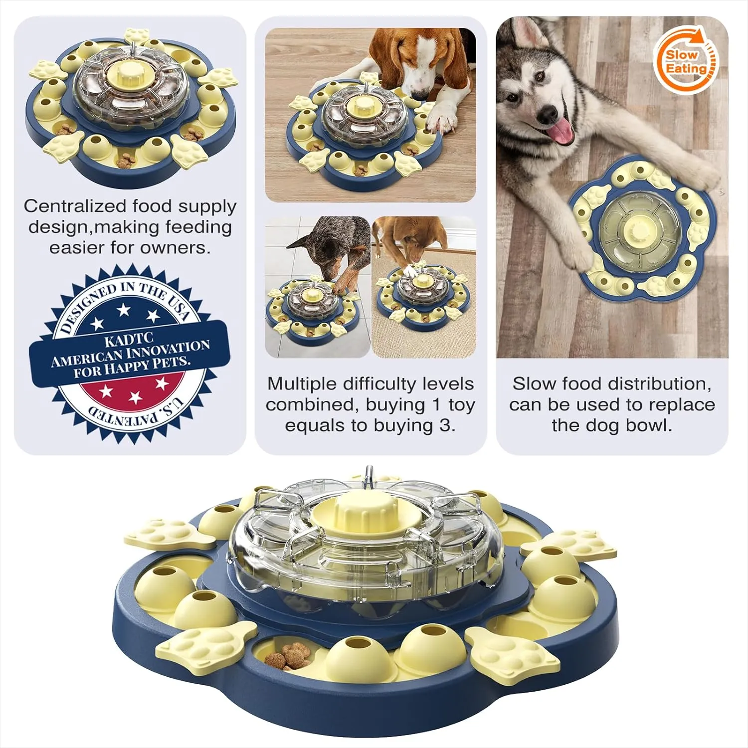 KADTC Dog Spinning Puzzle Toys Puppy Mental Games Level 3 in 1 Food Dispenser Slow Feeder Treat Puzzles Bowl Brain Stimulation Interactive Keep Them Busy Boredom Buster for Small/Medium/Large Dogs