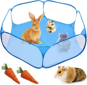 kathson Playpen for Small Animals Cage Tent, Breathable&Transparent Pets Playpen Folding Exercise Pop Open Outdoor/Indoor Portable Fence with Carrots for Guinea Pig Hamster Rabbit Rat Gerbils(Blue)