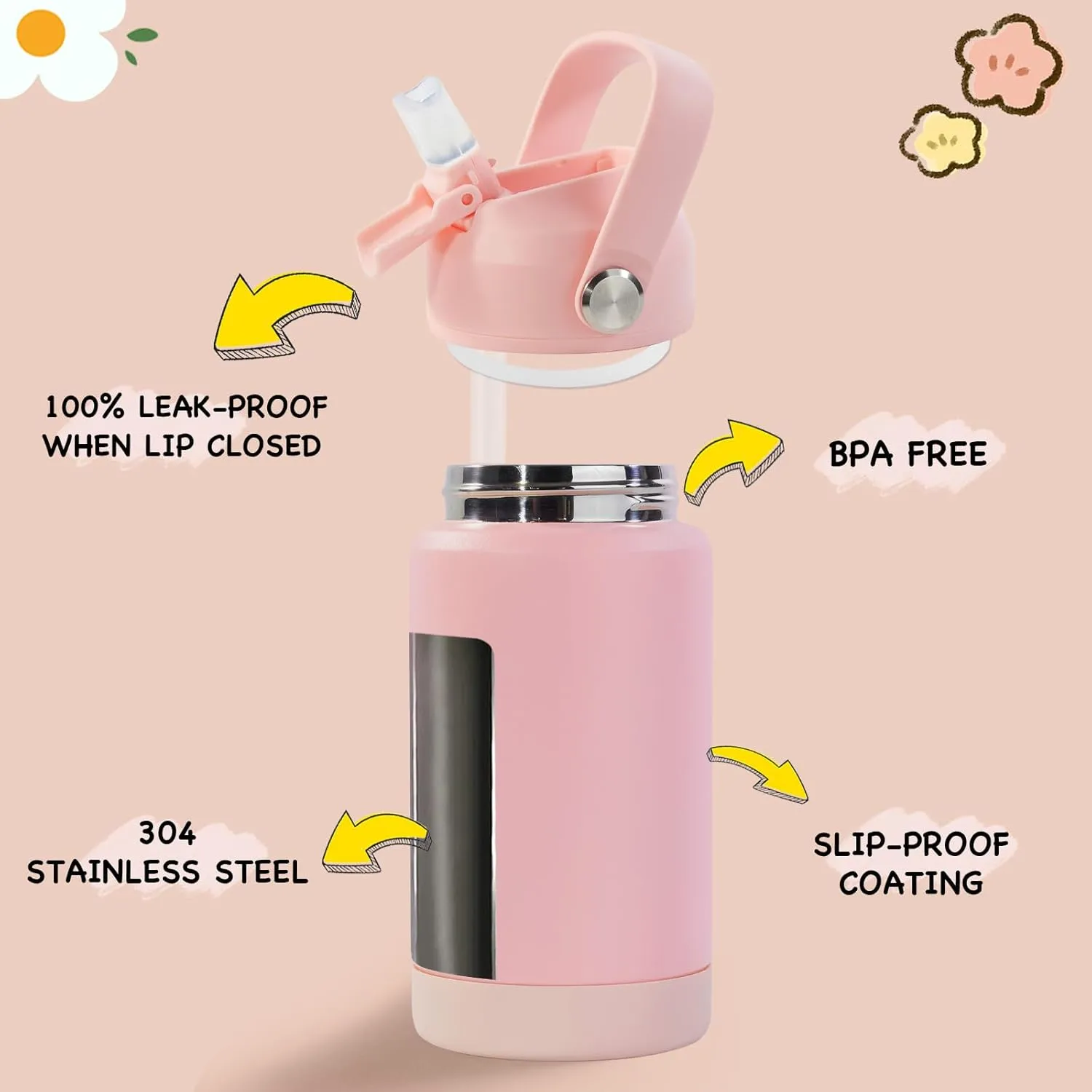 Kerilyn 12oz Kids Water Bottle, Stainless Steel Insulated Water Bottle For Kids, Toddler Cup With Straws Leak-proof, Kids Water Bottles For School Boys Girls, BPA Free, Pink