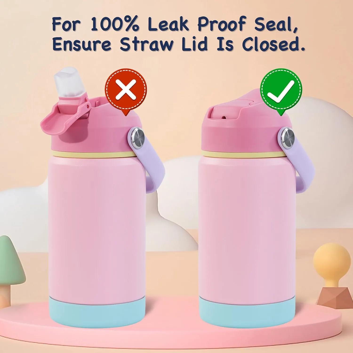 Kerilyn 12oz Kids Water Bottle, Stainless Steel Insulated Water Bottle For Kids, Toddler Cup With Straws Leak-proof, Kids Water Bottles For School Boys Girls, BPA Free, Pink