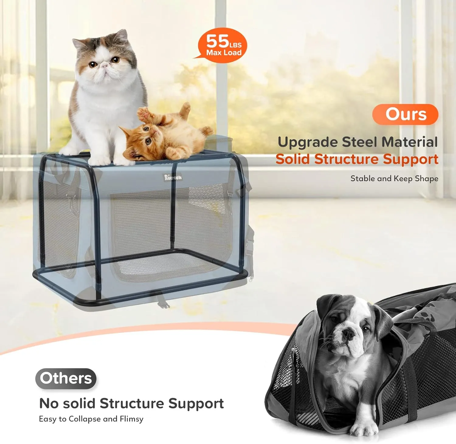 Large Cat Carrier 24"x17"x17", Soft Dog Crate with 2 Bowls, Collapsible Travel Pet Carrier Bag for Cats Dogs Puppies Kittens (Navy)