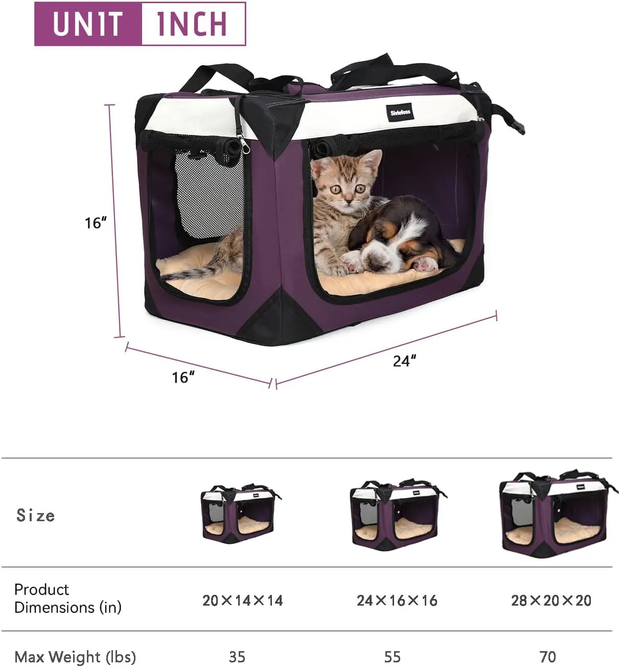 Large Cat Carrier, Collapsible Dog Travel Crate Portable Soft-Sided Pet Carrier with Super Soft Warm Plush Mat for Indoor and Outdoor 24x16x16in,Purple