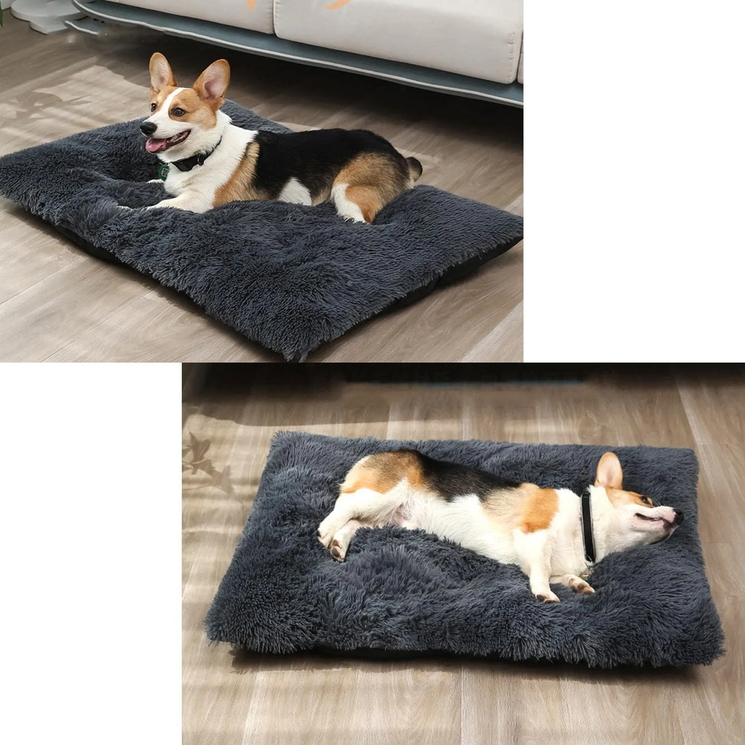 Large Dog Bed Washable Faux Fur Pet Bed Anti Anxiety Warm Dog Cushion Sleeping Mat Non-Slip Dog Pad 17x12inch Self-Warming Dog Mats for Small Medium Large Dogs Cats-Light Gray