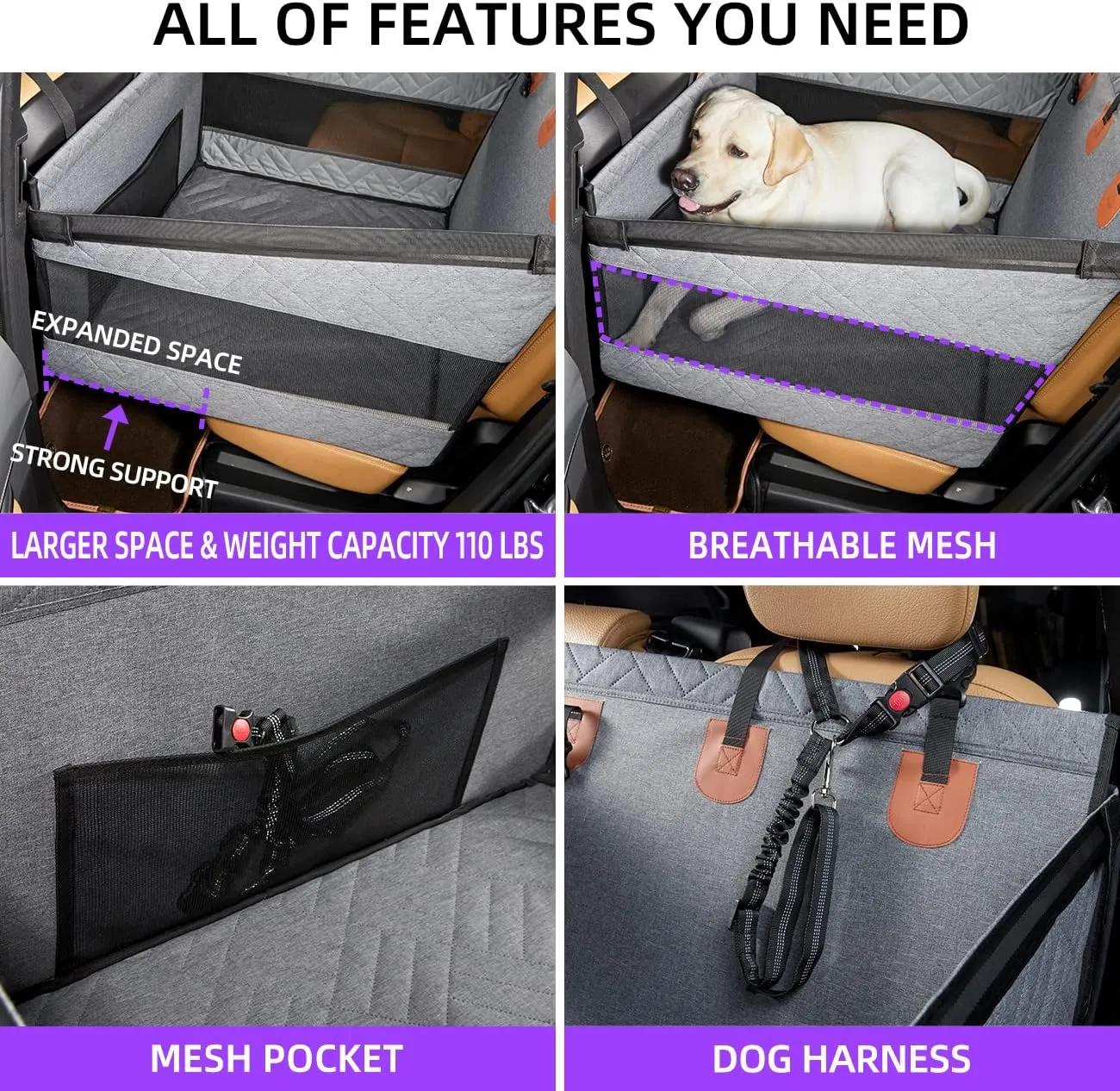Large Dog Car Seat,Back Seat Extender for Dogs,Waterproof Medium Dog Seat Cover for Backseat, Pet Bed for Car Hammock(Grey-L)