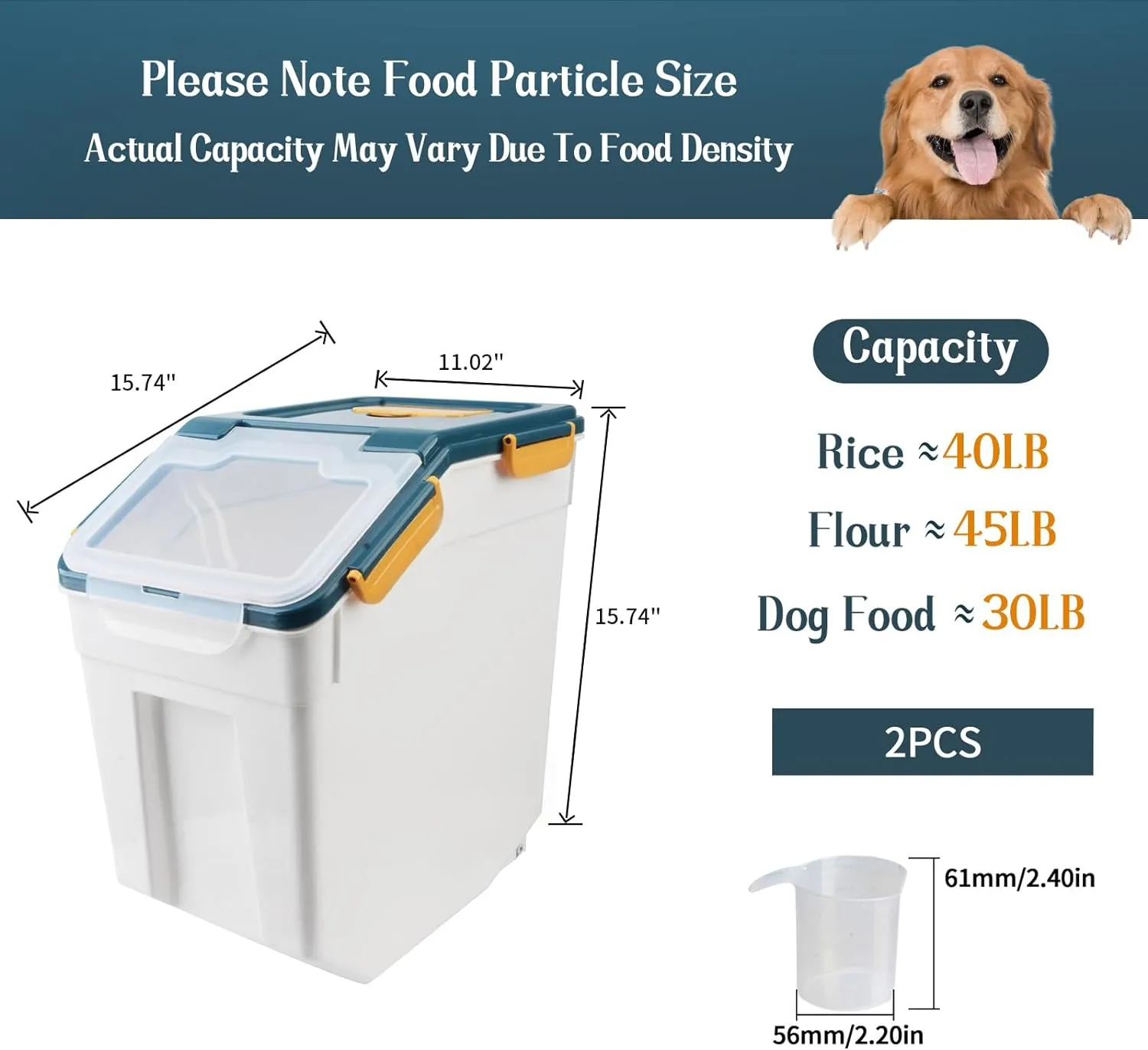 Large Flour Storage Container Bin 50lb, 2Pack Airtight Rice Storage Containers with Wheels Seal Locking Lid, BPA Free with Measuring Cup&Scoop for Flour, Rice, Grain(Blue)