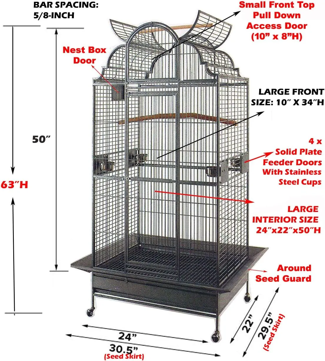 Large Stylish Play Dome Top Durable Wrought Iron Bird Parrot Parttot Finch Macaw Cockatoo Cage Including Stand, Seed Guard and Play Top (WhiteVein)