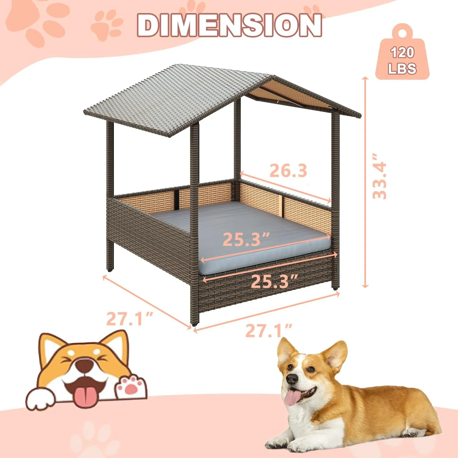 LEMBERI PE Rattan Dog House with Canopy, Outdoor Indoor Dog House Bed for Small/Medium Dogs with Removable Cushion, Washable Cover, Dog Shelter for Patio, Deck, Yard, Pool, Brown