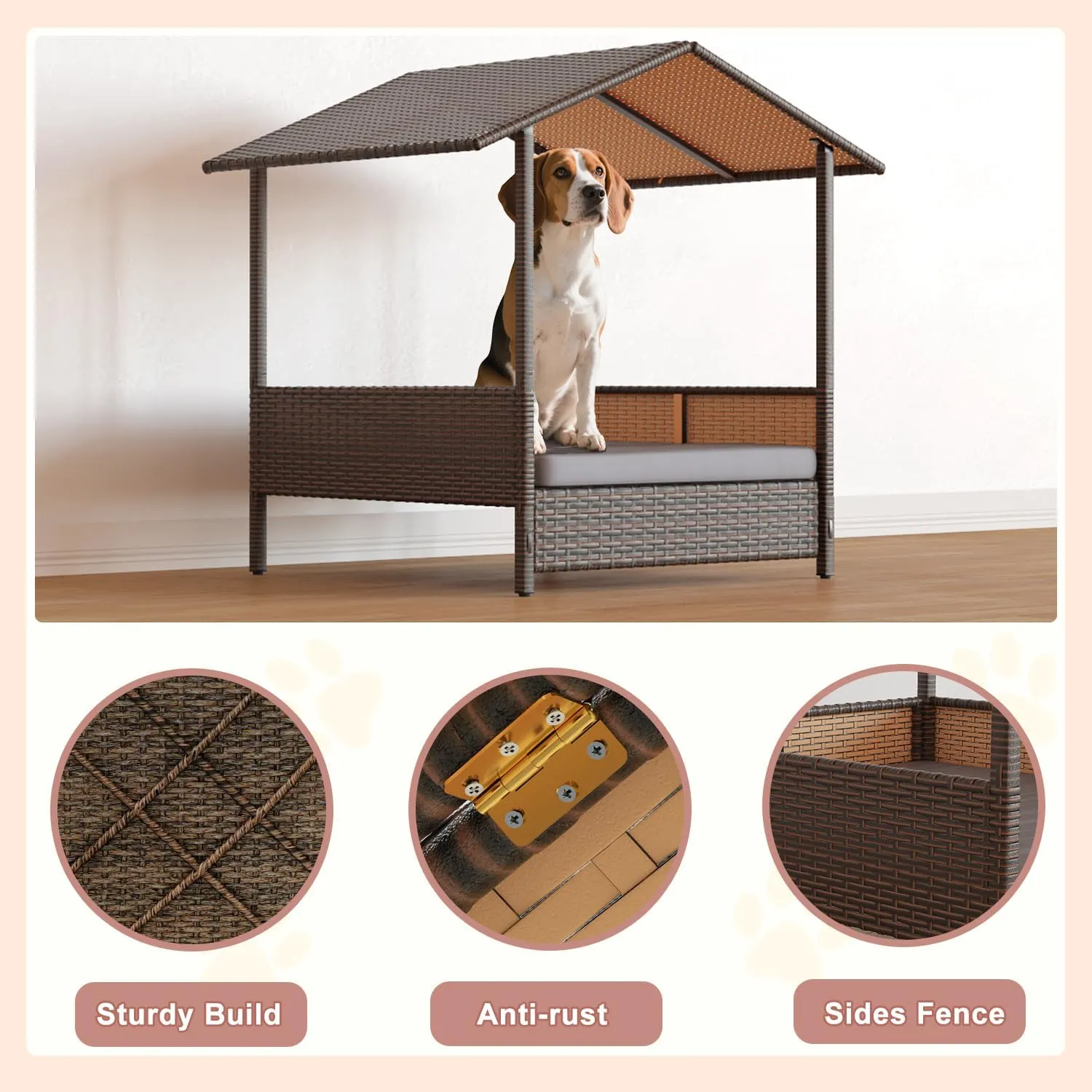 LEMBERI PE Rattan Dog House with Canopy, Outdoor Indoor Dog House Bed for Small/Medium Dogs with Removable Cushion, Washable Cover, Dog Shelter for Patio, Deck, Yard, Pool, Brown