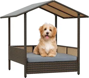 LEMBERI PE Rattan Dog House with Canopy, Outdoor Indoor Dog House Bed for Small/Medium Dogs with Removable Cushion, Washable Cover, Dog Shelter for Patio, Deck, Yard, Pool, Brown