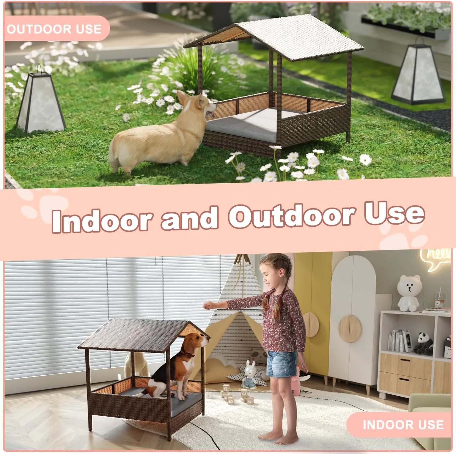 LEMBERI PE Rattan Dog House with Canopy, Outdoor Indoor Dog House Bed for Small/Medium Dogs with Removable Cushion, Washable Cover, Dog Shelter for Patio, Deck, Yard, Pool, Brown