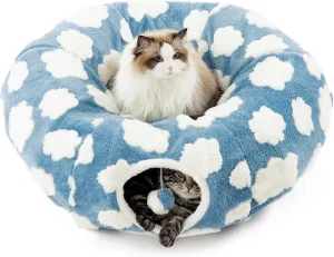 Lesure Cat Tunnel Bed for Indoor Cats - Cute Cat Donut Tunnel Toys with Washable Circle Cushion, Round Pet Peekaboo Cave Toy for Kitten/Puppy/Rabbit, Standard Blue