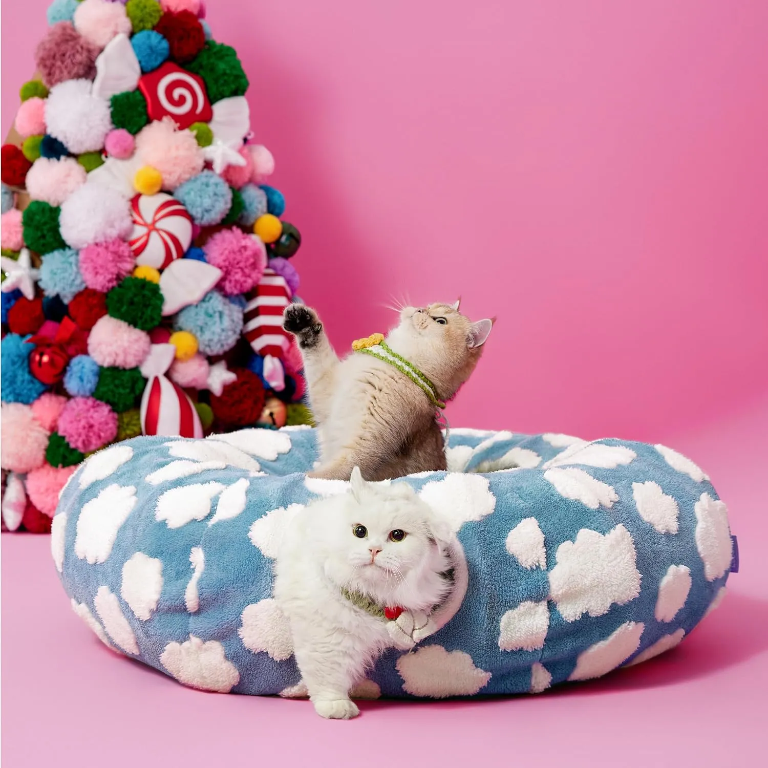 Lesure Cat Tunnel Bed for Indoor Cats - Cute Cat Donut Tunnel Toys with Washable Circle Cushion, Round Pet Peekaboo Cave Toy for Kitten/Puppy/Rabbit, Standard Blue