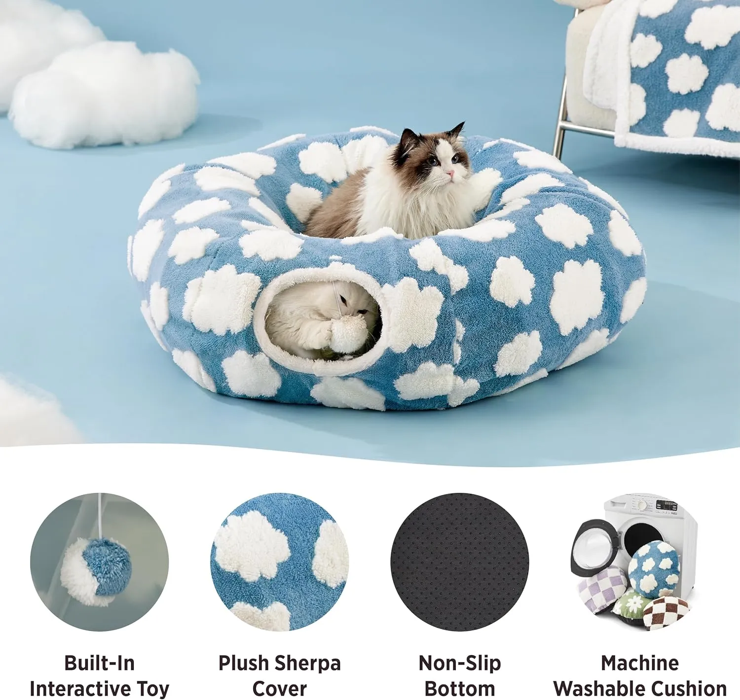 Lesure Cat Tunnel Bed for Indoor Cats - Cute Cat Donut Tunnel Toys with Washable Circle Cushion, Round Pet Peekaboo Cave Toy for Kitten/Puppy/Rabbit, Standard Blue