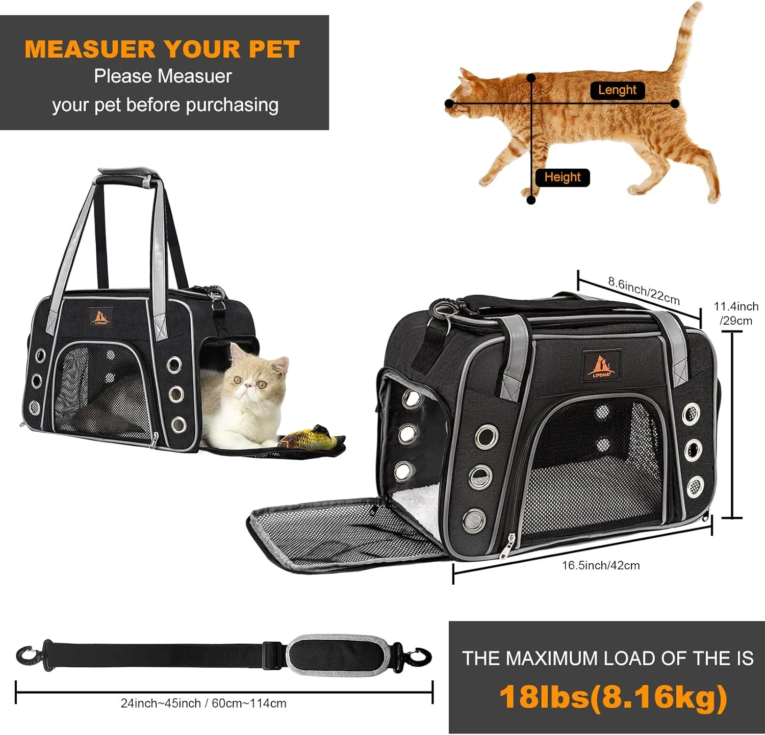 Lifeand Cat Carrier for Large and Medium Cats Under 18lb, Collapsible Soft Sided Pet Carrier, Dog Carrier, Airline Approved for Cats, Small Dogs, Kitten, Pet Privacy Protection Travel Carrier