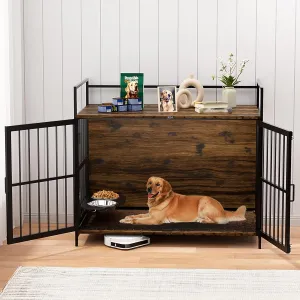 LOVMOR Dog Cage Furniture with Rotating Feeder Bowls, Dog Kennel Indoor with Cushion, Dog Crates for Small and Medium Dogs, 41" L X 23.6" W 35.8" H, Rustic Brown