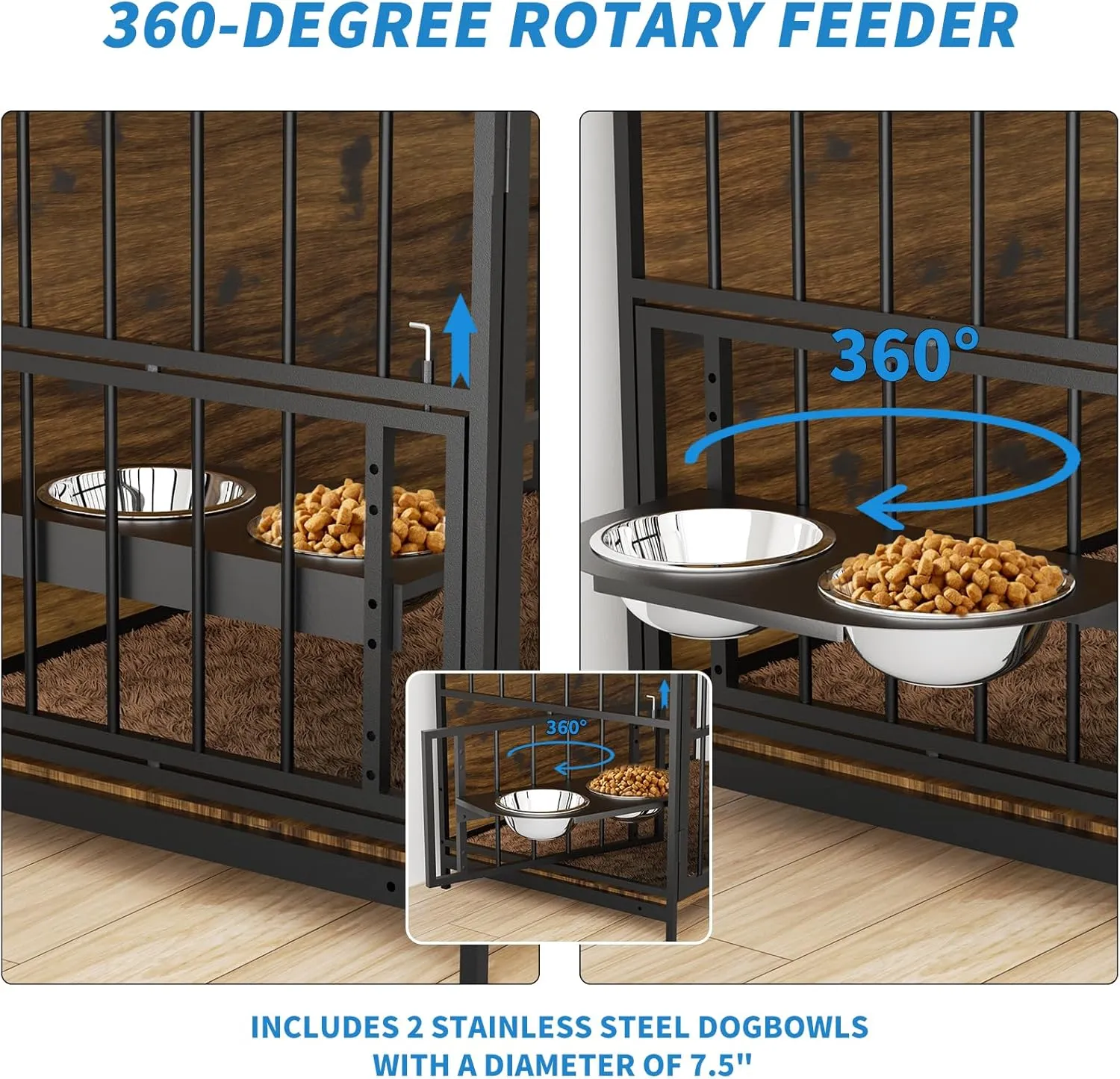 LOVMOR Dog Cage Furniture with Rotating Feeder Bowls, Dog Kennel Indoor with Cushion, Dog Crates for Small and Medium Dogs, 41" L X 23.6" W 35.8" H, Rustic Brown