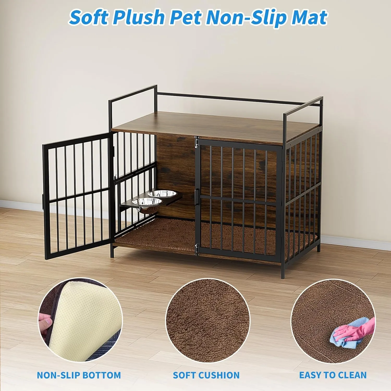 LOVMOR Dog Cage Furniture with Rotating Feeder Bowls, Dog Kennel Indoor with Cushion, Dog Crates for Small and Medium Dogs, 41" L X 23.6" W 35.8" H, Rustic Brown