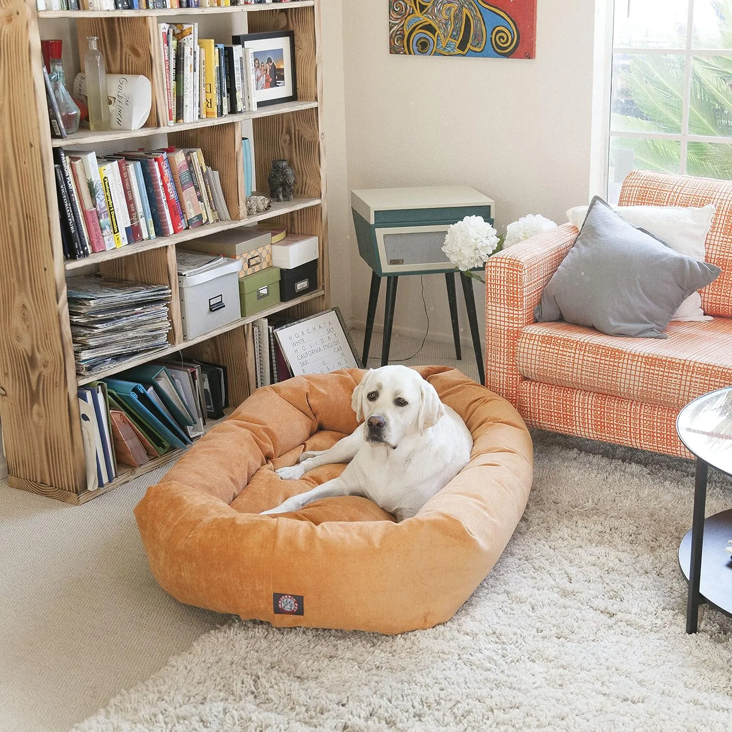 Majestic Pet 24 Inch Micro Velvet Calming Dog Bed Washable 24x19x7 (Inch)  Cozy Soft Round Donut Dog Bed with Spine for Head Support - Pet Bed Small - Pearl