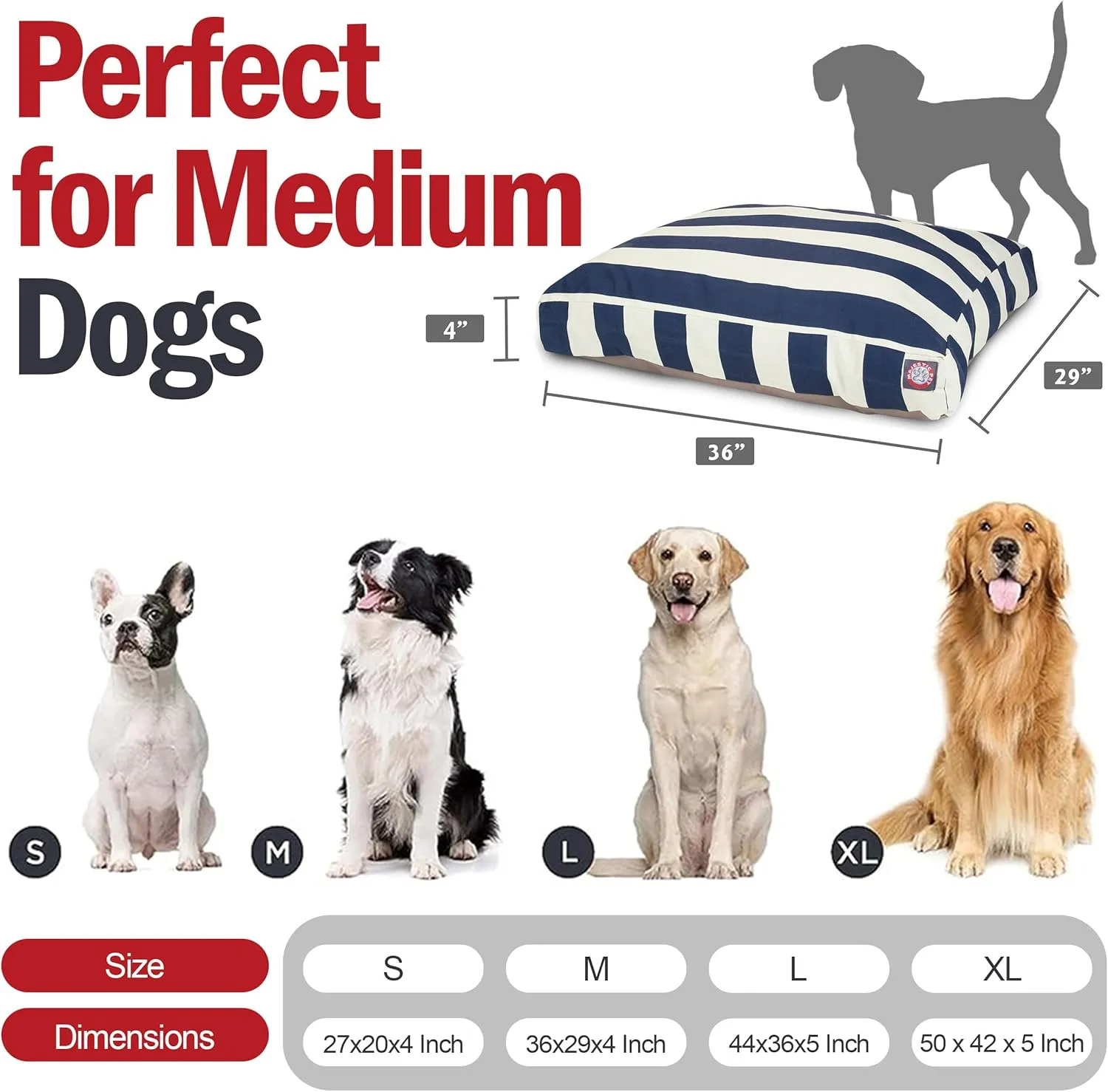Majestic Pet Rectangle Medium Dog Bed Washable  Non Slip Comfy Pet Bed  Dog Crate Bed with Removable Washable Cover  Dog Kennel Bed for Sleeping - Dog Bed Medium Breed 36x29x4 Inch  Navy Blue