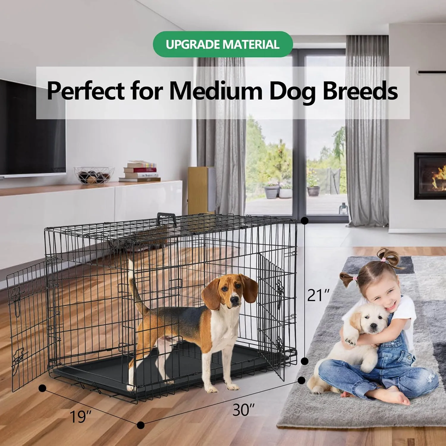 Medium Dog Crate, 30 Inch, Black, Folding Metal Puppy Crate with Tray, Wire Dog Crate Double Door and Divider Panel, Indoor Outdoor Use