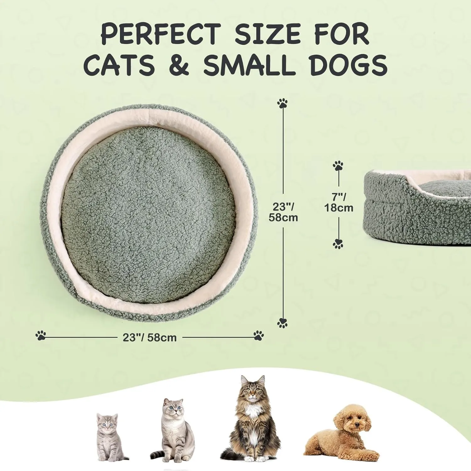 Mewoo Cat Beds for Indoor Cats - Round Dog Beds for Small Dogs, Washable Pet Bed for Kitten and Puppy with Non-Slip Bottom (Sage Green, 23.0" L X 23.0" W X 7.0" Th)