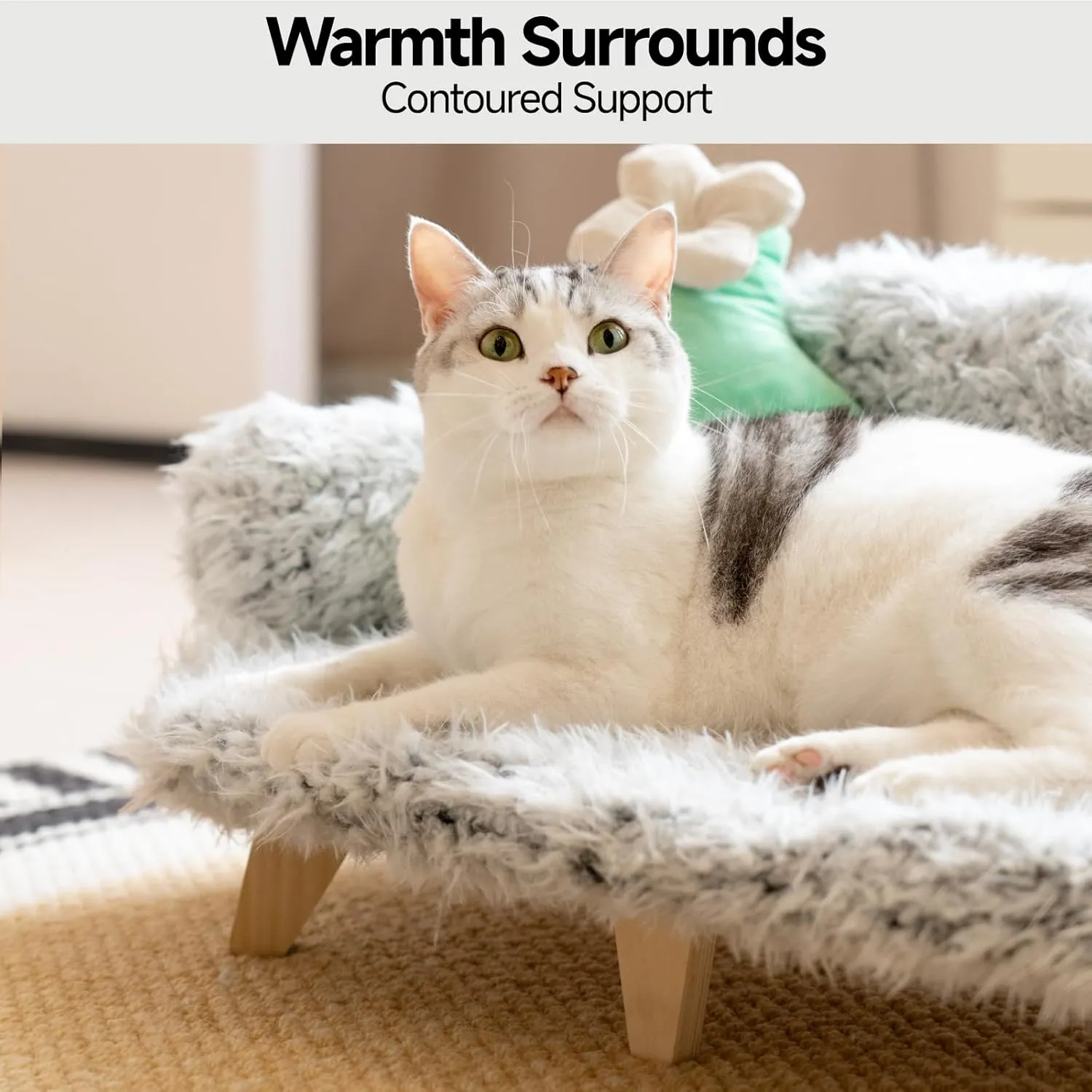 MEWOOFUN Cat Bed with Removable Washable Cover, Elevated Cat Couch for Cats & Small Medium Dogs, Wooden Pet Sofa Modern Pet Furniture (Grey, Medium)