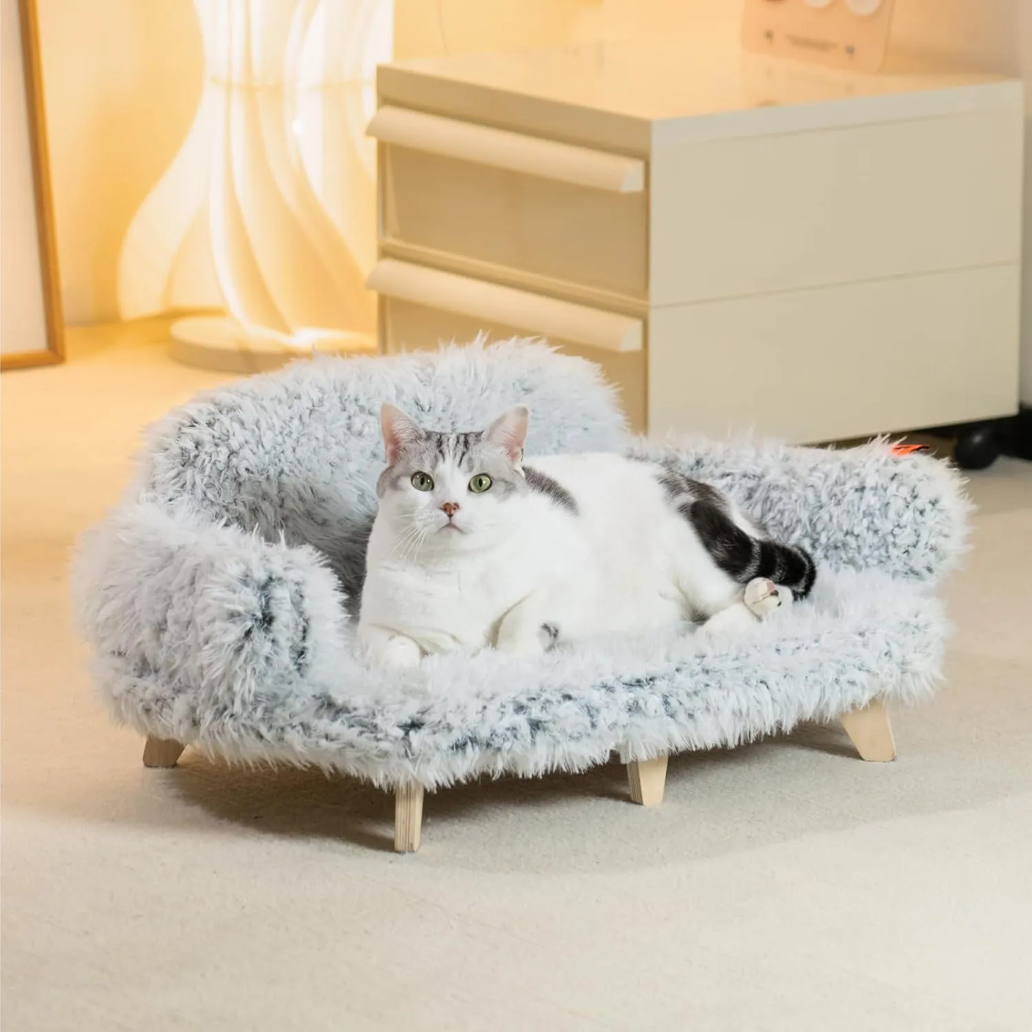 MEWOOFUN Cat Bed with Removable Washable Cover, Elevated Cat Couch for Cats & Small Medium Dogs, Wooden Pet Sofa Modern Pet Furniture (Grey, Medium)