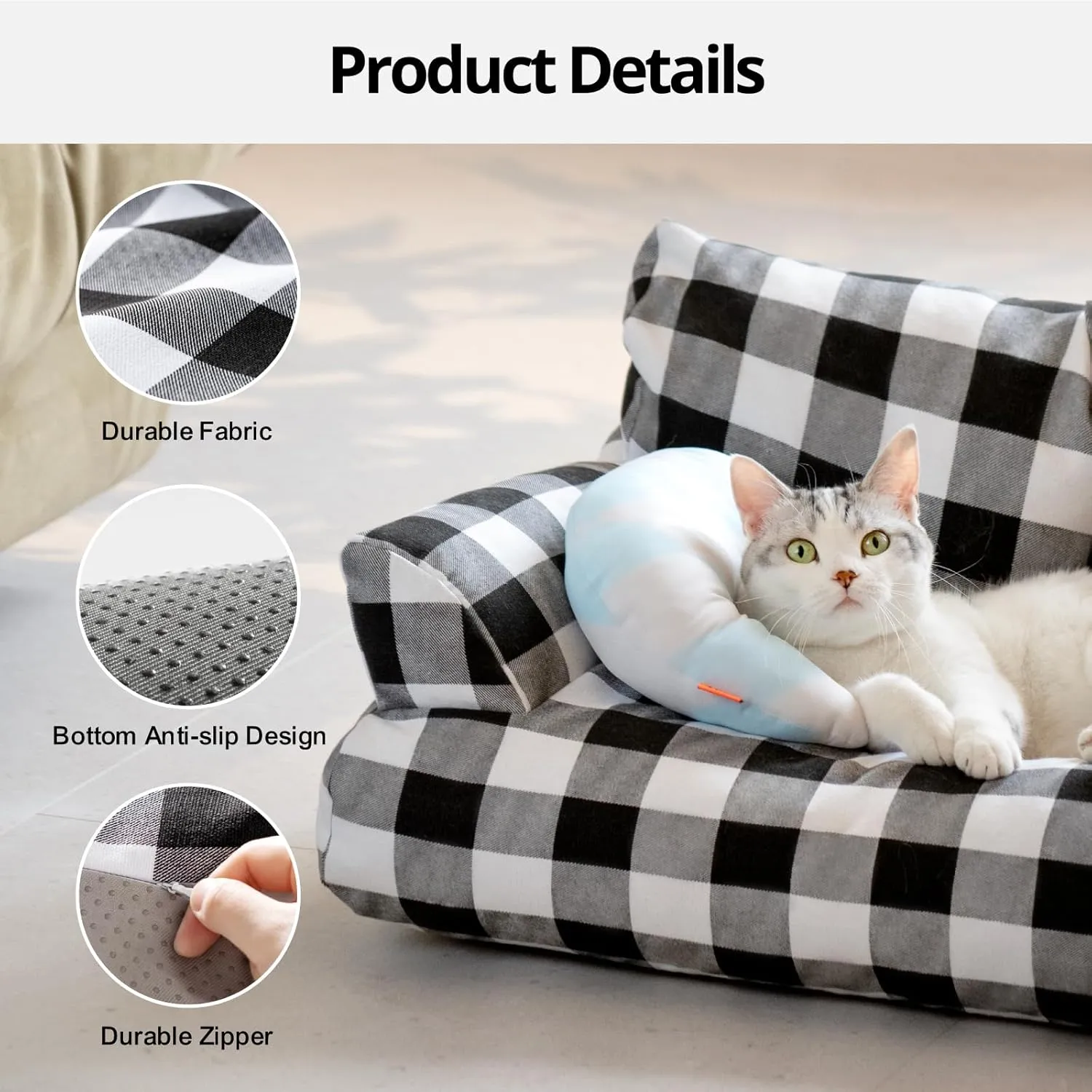 MEWOOFUN Pet Sofa Bed for Medium Pets, Cat Couch With 261913 Inch Removable Washable Cover, Nonskid Bottom Puppy Couch up to 25 lbs (Black & White)