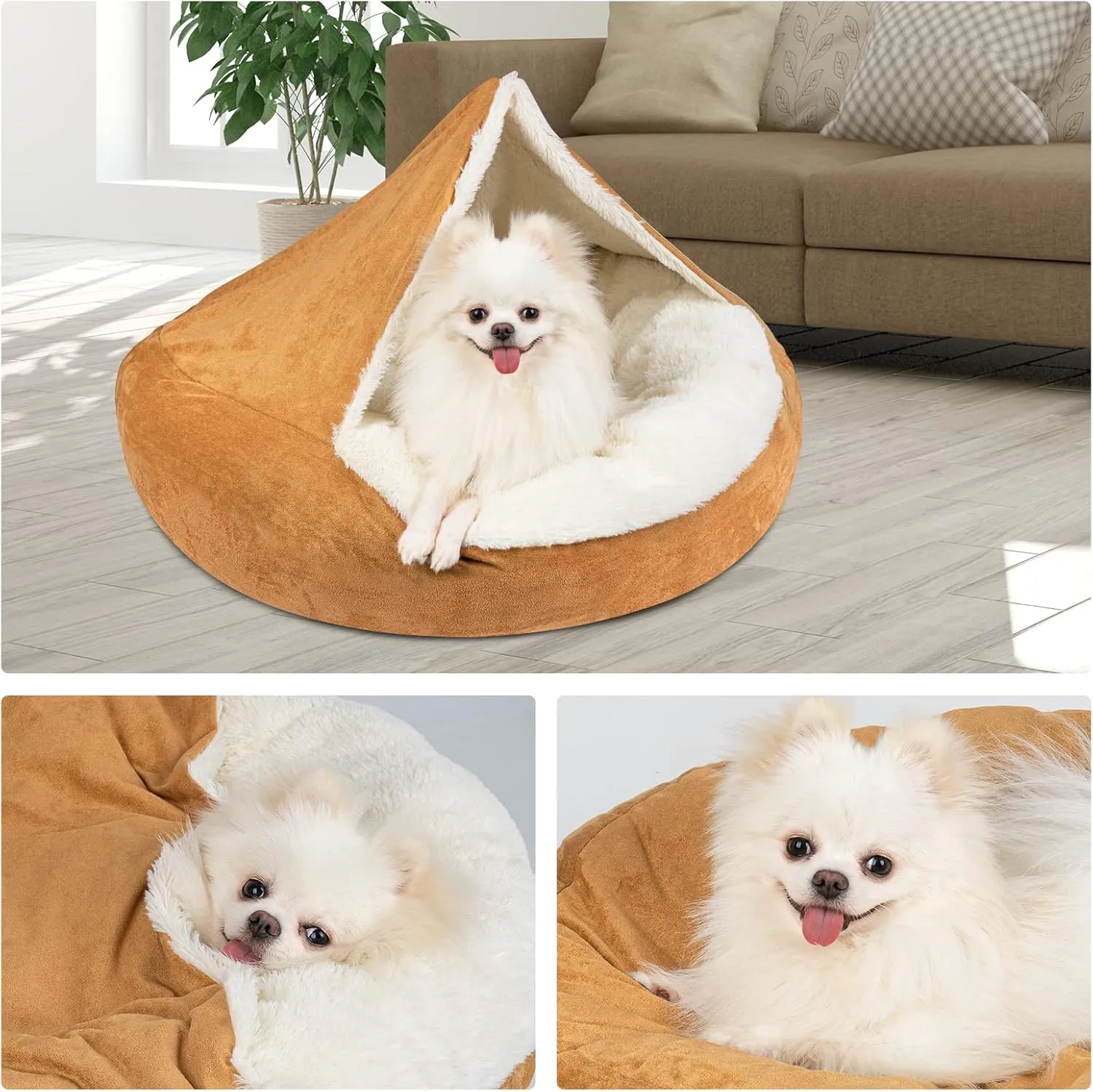 MICOOYO Covered Dog Bed Large, Donut Camling Dog Beds for Large Dogs with Hooded Blankets, Round Cuddler Pet Beds for Puppy Cats Washable (Khaki, 30 inch)