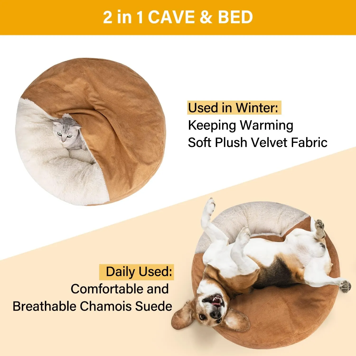MICOOYO Covered Dog Bed Large, Donut Camling Dog Beds for Large Dogs with Hooded Blankets, Round Cuddler Pet Beds for Puppy Cats Washable (Khaki, 30 inch)