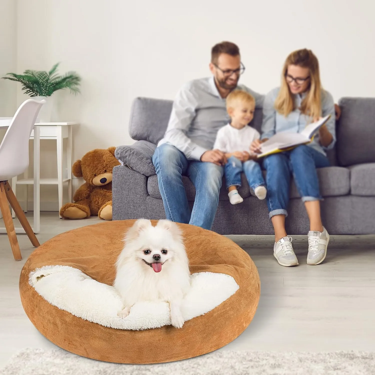 MICOOYO Covered Dog Bed Large, Donut Camling Dog Beds for Large Dogs with Hooded Blankets, Round Cuddler Pet Beds for Puppy Cats Washable (Khaki, 30 inch)