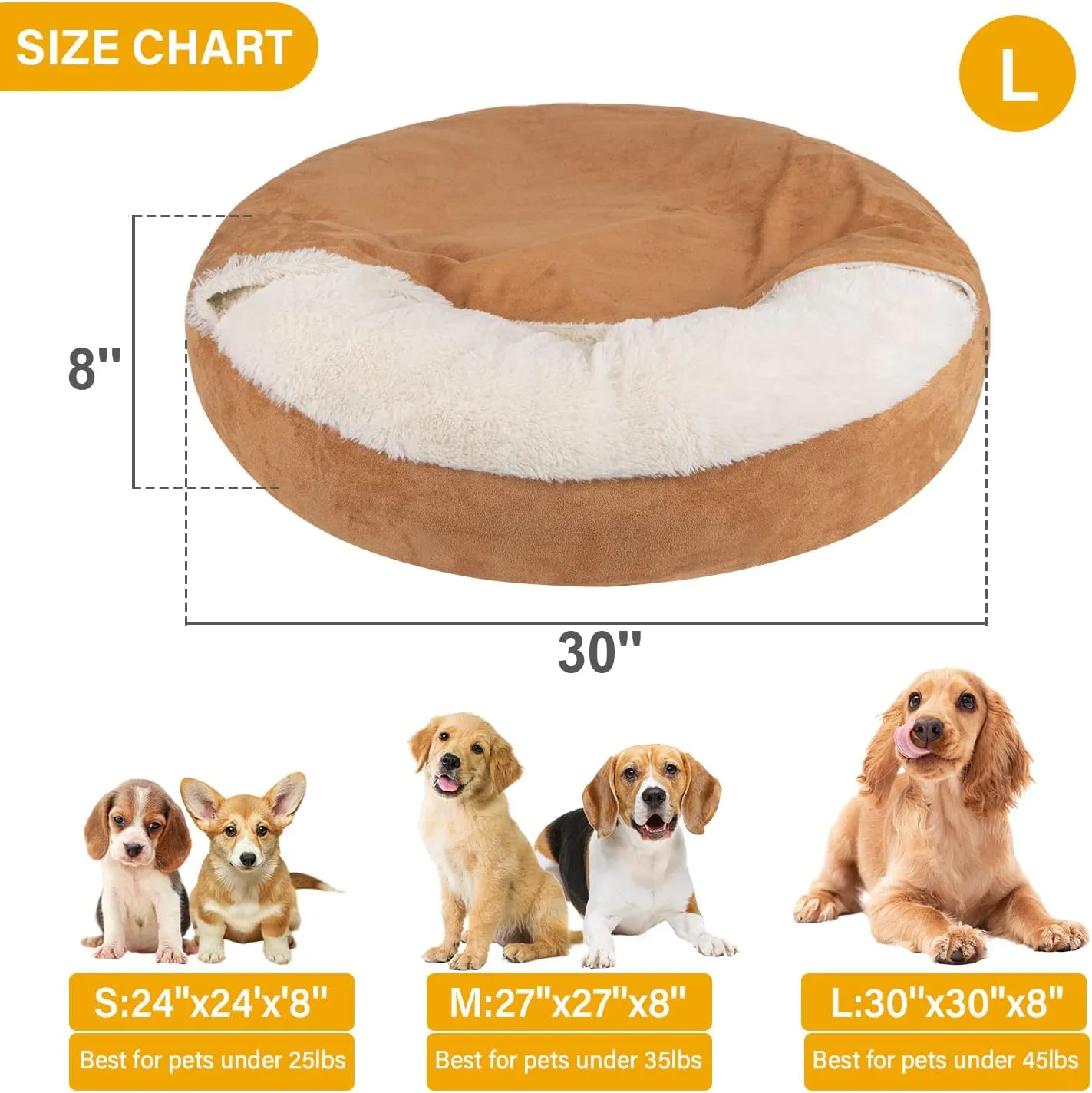 MICOOYO Covered Dog Bed Large, Donut Camling Dog Beds for Large Dogs with Hooded Blankets, Round Cuddler Pet Beds for Puppy Cats Washable (Khaki, 30 inch)