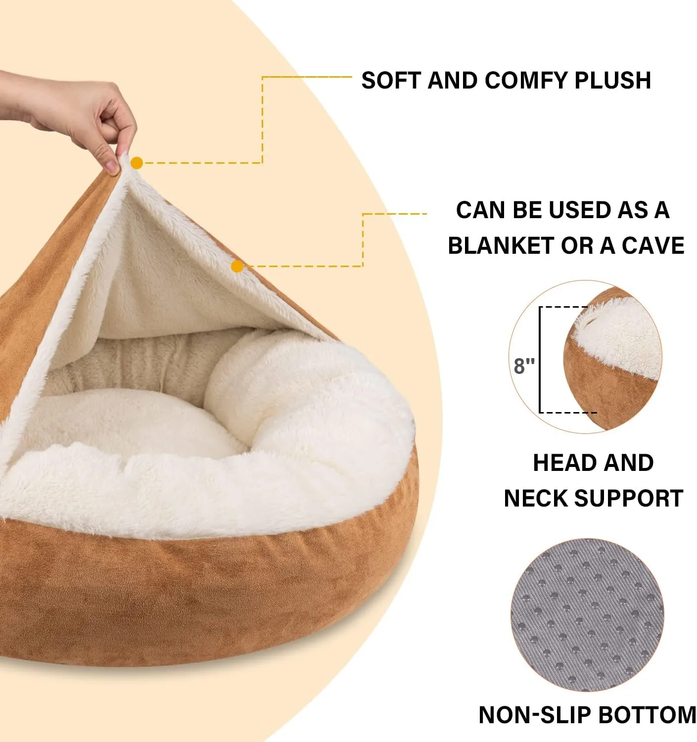 MICOOYO Covered Dog Bed Large, Donut Camling Dog Beds for Large Dogs with Hooded Blankets, Round Cuddler Pet Beds for Puppy Cats Washable (Khaki, 30 inch)
