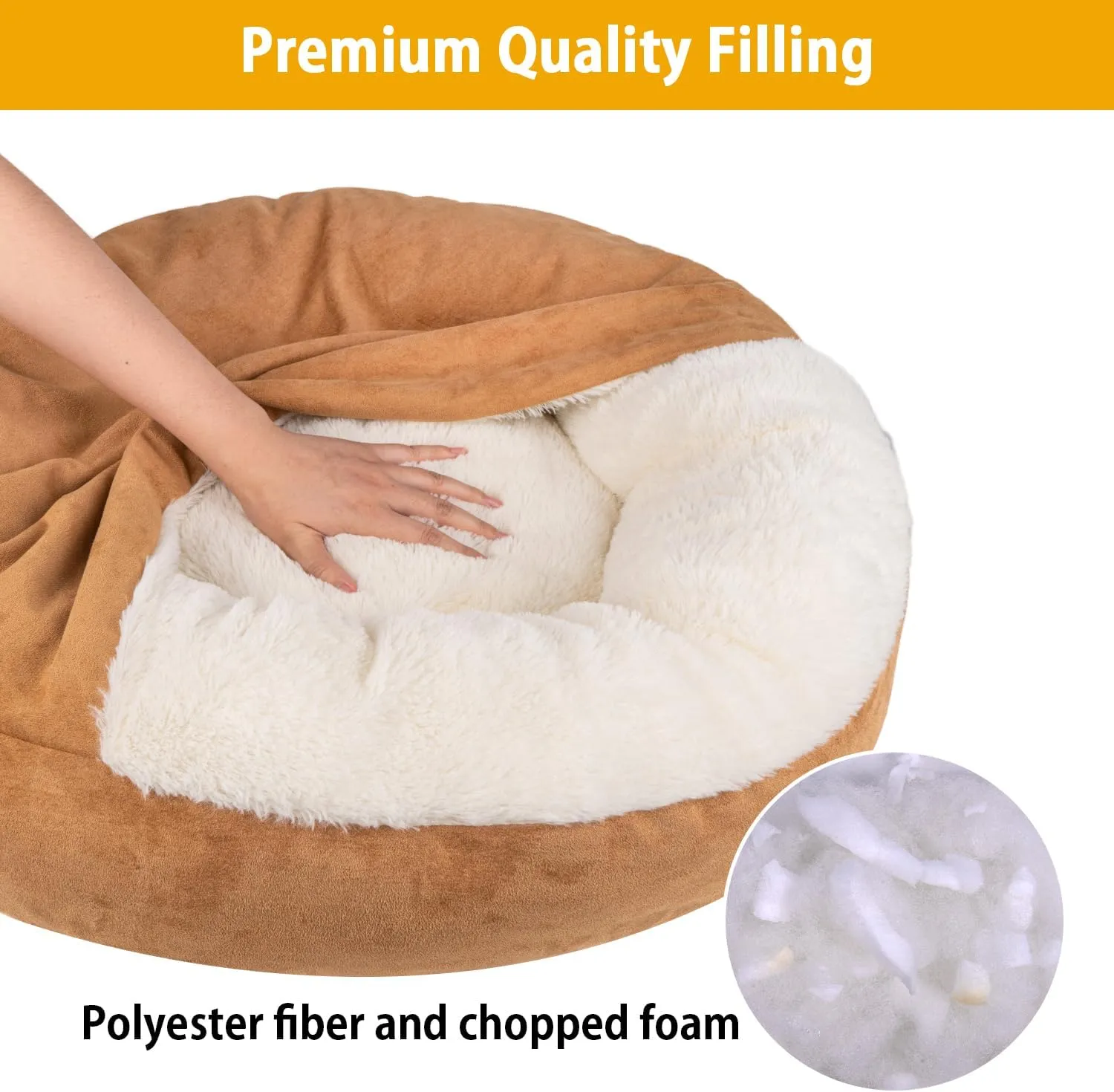 MICOOYO Covered Dog Bed Large, Donut Camling Dog Beds for Large Dogs with Hooded Blankets, Round Cuddler Pet Beds for Puppy Cats Washable (Khaki, 30 inch)