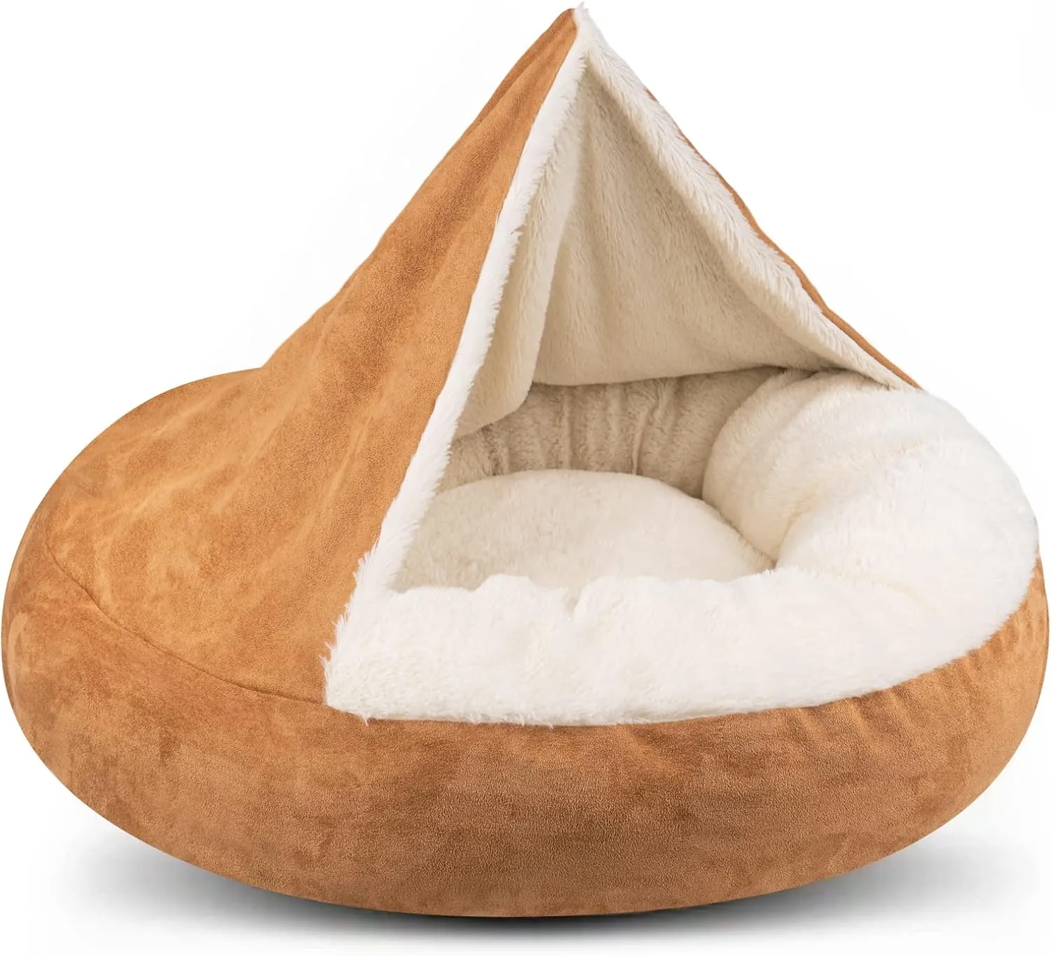 MICOOYO Covered Dog Bed Large, Donut Camling Dog Beds for Large Dogs with Hooded Blankets, Round Cuddler Pet Beds for Puppy Cats Washable (Khaki, 30 inch)