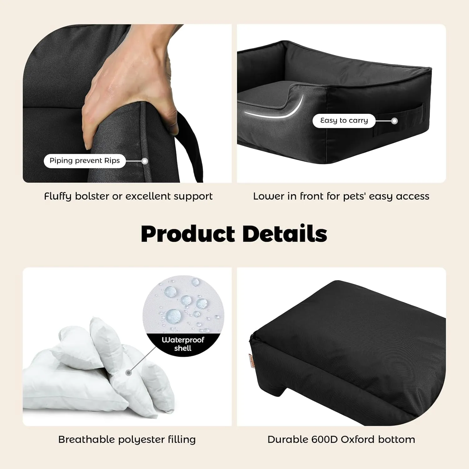 Miguel Waterproof Outdoor Dog Bed for Medium Small Dogs, Oxford Pet Bed Tough with Sides Easy Clean, All Weather Rectangle Puppy Bed with Removable Cover Bolster Bed Scratch Resistant, 30 inches