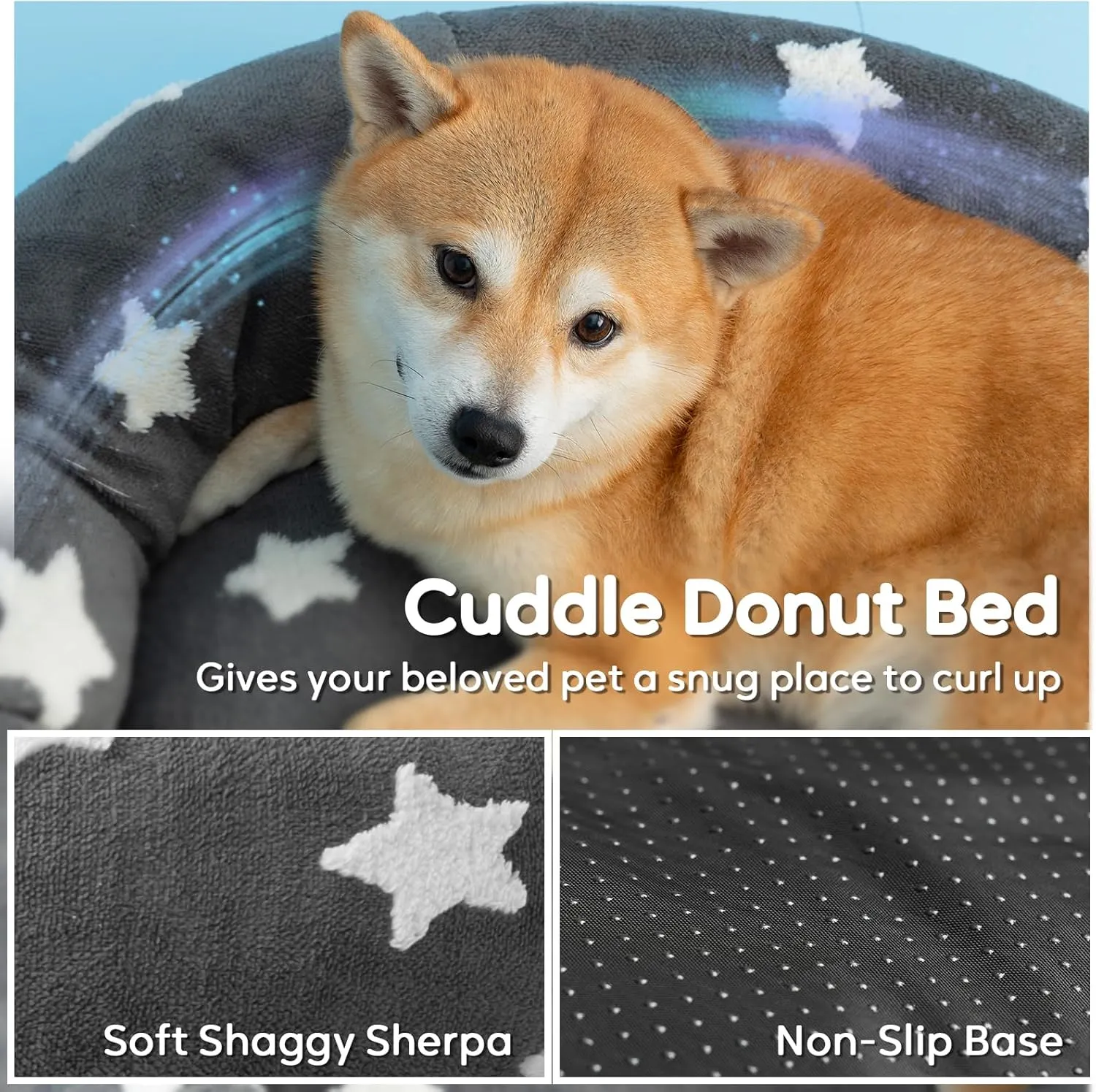 Mora Pets Donut Small Dog Bed - Round Cat Bed for Indoor Cats with Washable Removable Cover, Cute Calming Fluffy Pet Circle Bed Anti-Anxiety for Puppy Cat Dog, Grey 23"