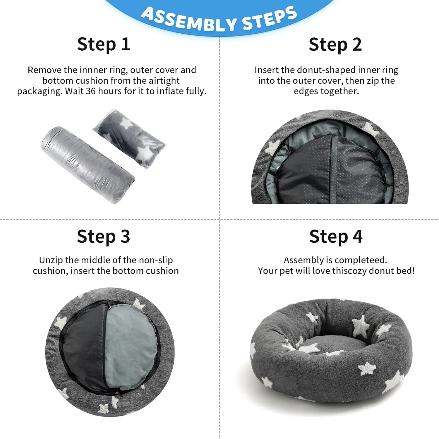 Mora Pets Donut Small Dog Bed - Round Cat Bed for Indoor Cats with Washable Removable Cover, Cute Calming Fluffy Pet Circle Bed Anti-Anxiety for Puppy Cat Dog, Grey 23"