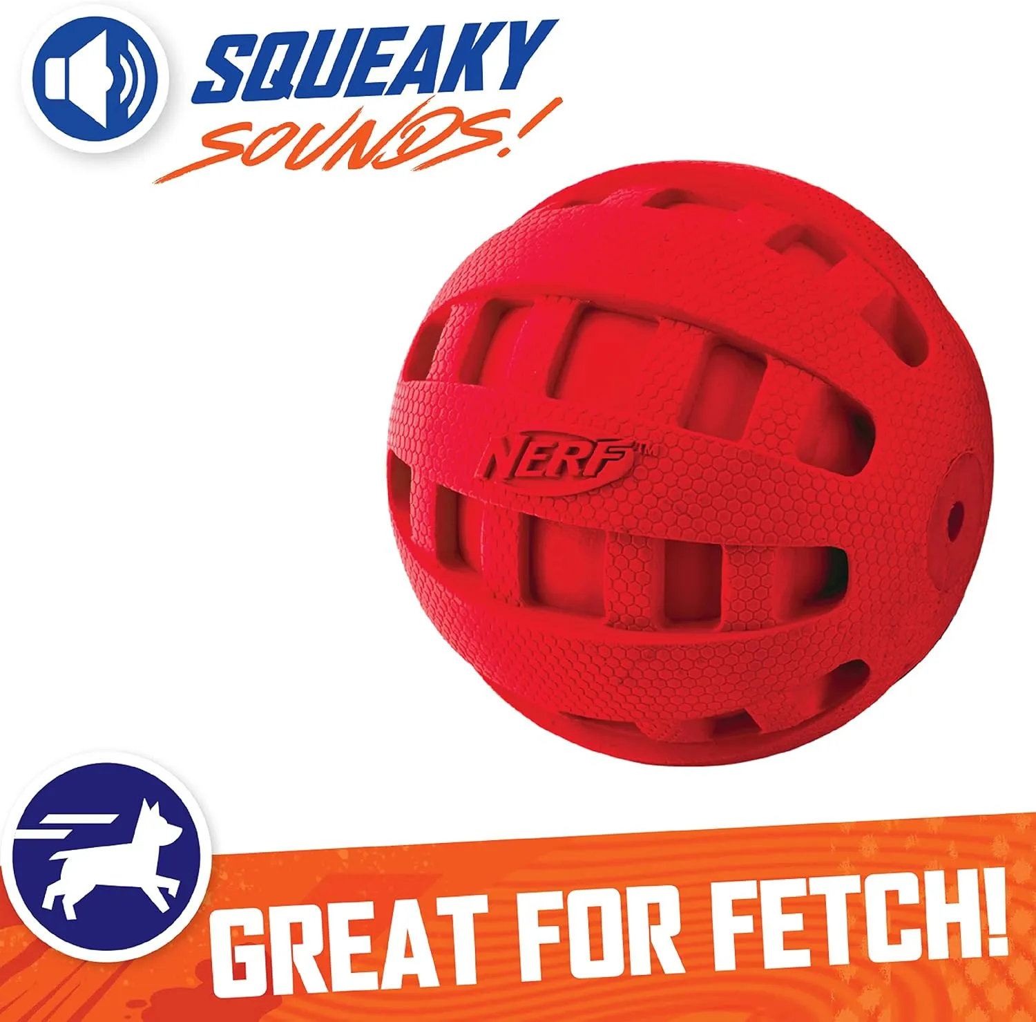 Nerf Dog Rubber Ball Dog Toy with Checkered Squeaker, Lightweight, Durable and Water Resistant, 4 Inch Diameter for Medium/Large Breeds, Single Unit, Red