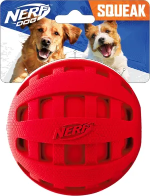 Nerf Dog Rubber Ball Dog Toy with Checkered Squeaker, Lightweight, Durable and Water Resistant, 4 Inch Diameter for Medium/Large Breeds, Single Unit, Red