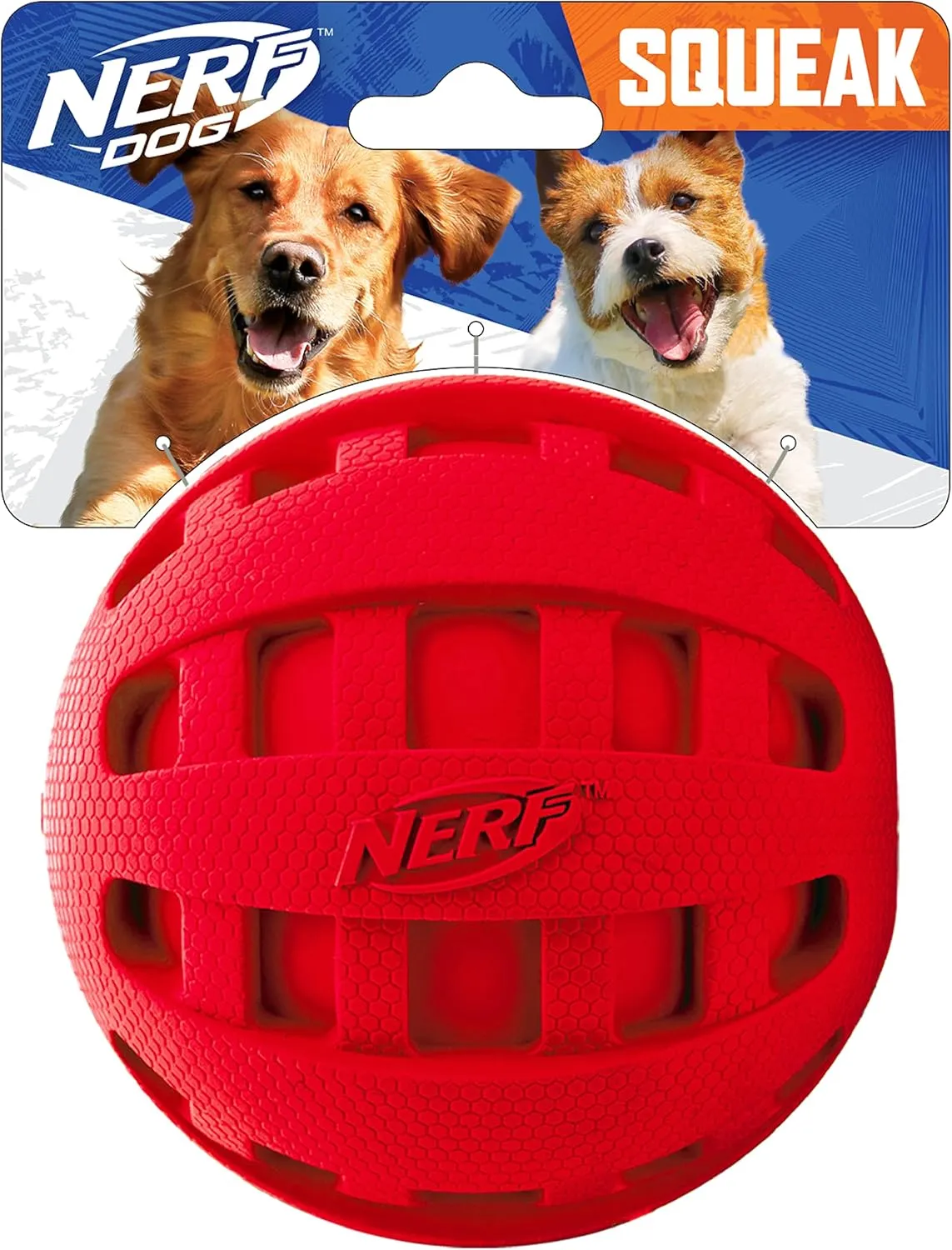 Nerf Dog Rubber Ball Dog Toy with Checkered Squeaker, Lightweight, Durable and Water Resistant, 4 Inch Diameter for Medium/Large Breeds, Single Unit, Red