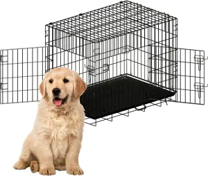 New Enhanced Double Door Dog Crate, Portable Wire Dog Crate with Tray and Divider, Pet Crate for Small Dogs, Indoor and Outdoor Pet Pen, 42" L x 28" W x 30" H Collapsible Kennel