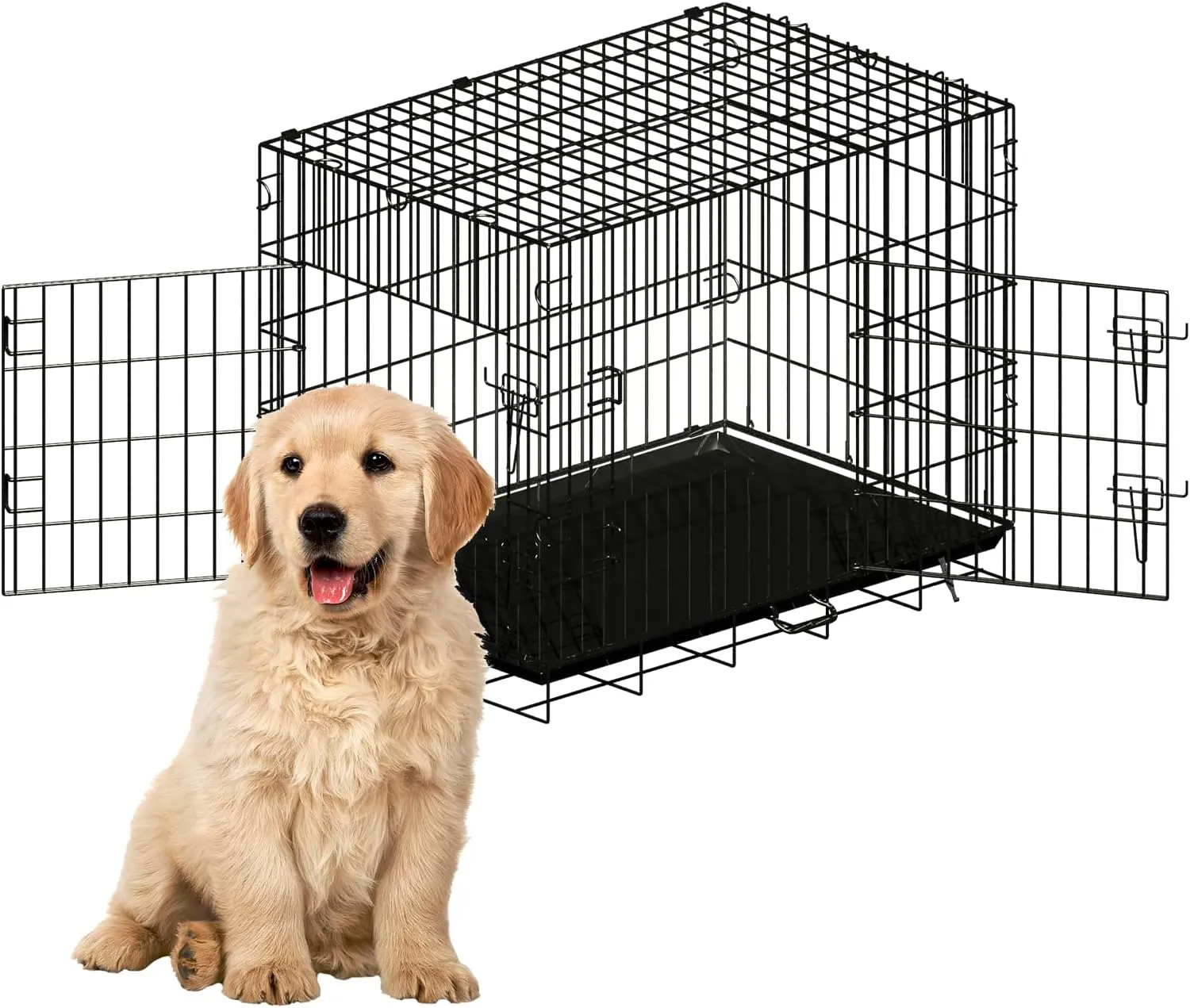 New Enhanced Double Door Dog Crate, Portable Wire Dog Crate with Tray and Divider, Pet Crate for Small Dogs, Indoor and Outdoor Pet Pen, 42" L x 28" W x 30" H Collapsible Kennel