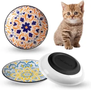 Non-Slip Cat Bowls, Ceramic Wide Pet Food Bowl Set for Relief Whisker Fatigue, 3 Pack Colorful Kitten Feeding Dishes Plates with Anti-Slip Silicone Base-Microwave and Dishwasher Safe, 8.5 oz