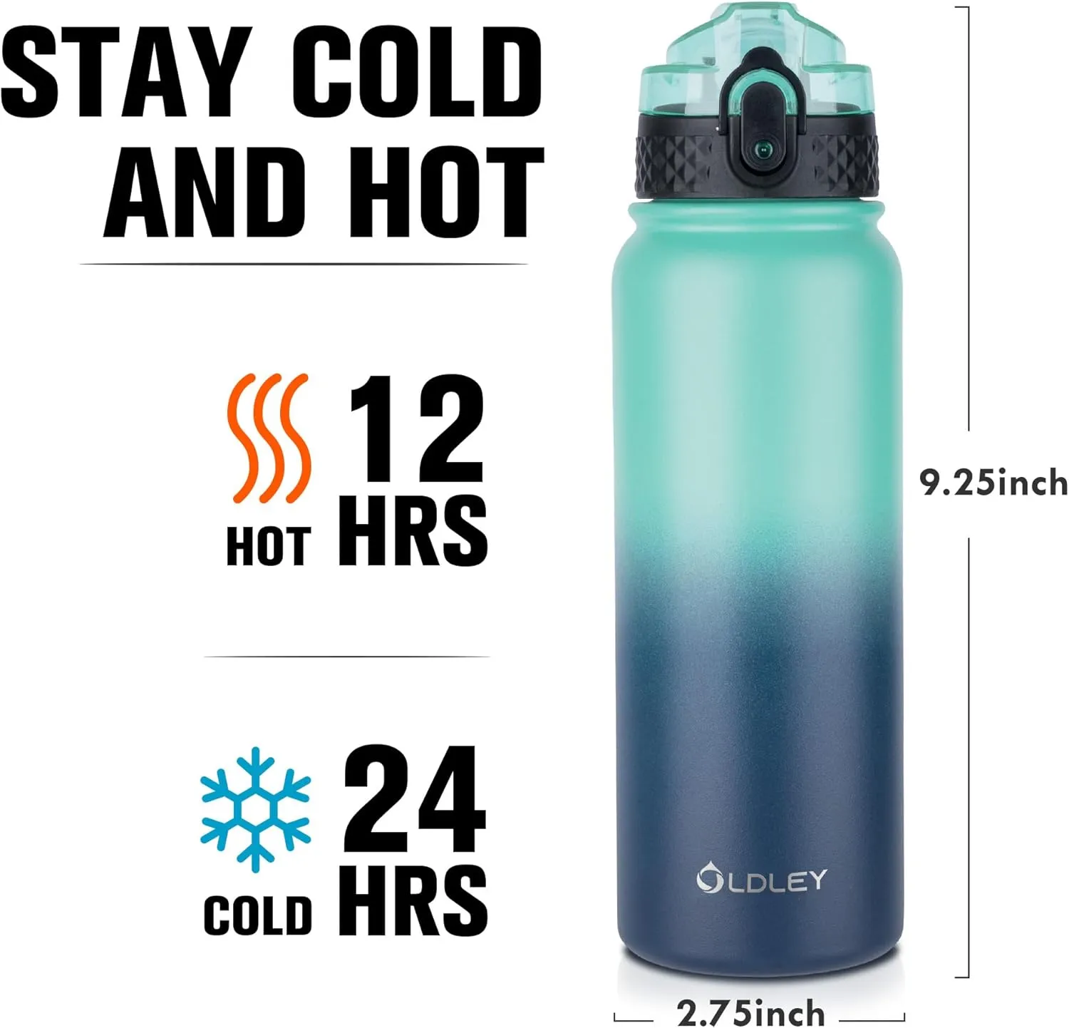 Oldley Insulated Water Bottle 20oz for Adults Kids Stainless Steel Water Bottles with Straw/Chug/Carabiner 3 Lids Fruit Strainer Double Wall Vacuum Wide Mouth BPA Free Leak-Proof for School Travel