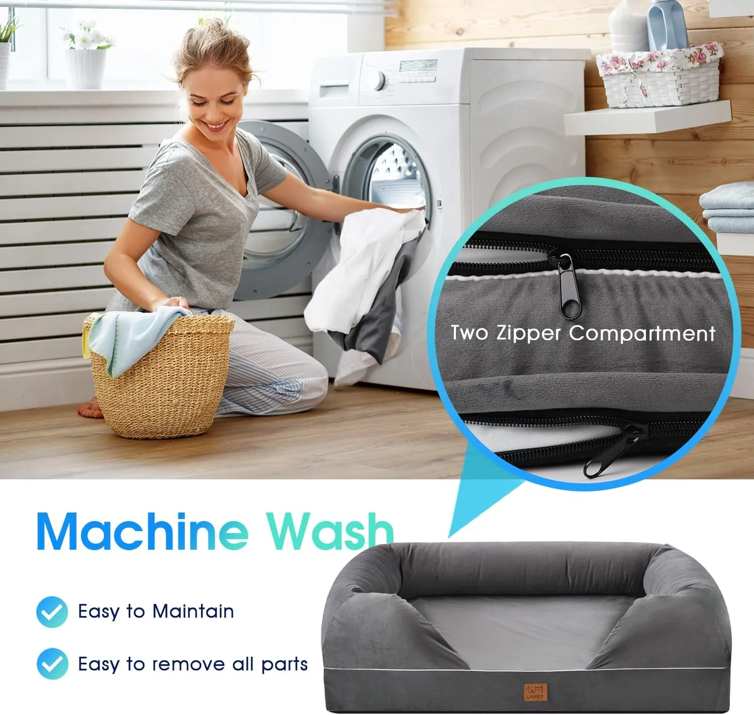 Orthopedic Dog Bed Full Memory Foam, 36x28, Grey, Waterproof Liner, Removable Cover, CertiPUR-US Certified