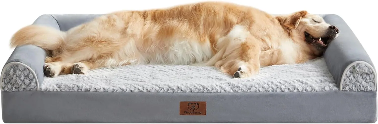 Orthopedic Dog Beds for Extra Large Dogs, Waterproof Memory Foam XL Pet Bed with Sides, Non-Slip and Egg-Crate Foam Big Dog Couch Bed with Washable Removable Cover, Grey