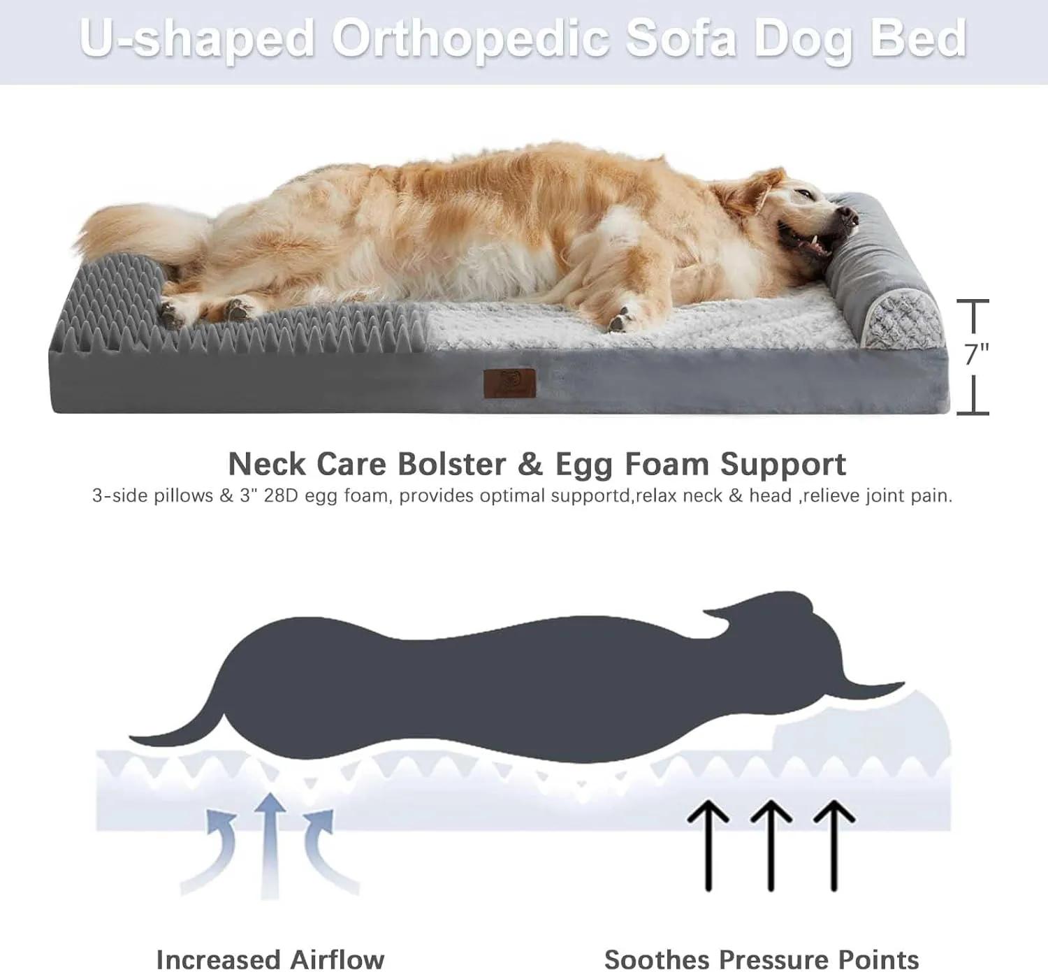 Orthopedic Dog Beds for Extra Large Dogs, Waterproof Memory Foam XL Pet Bed with Sides, Non-Slip and Egg-Crate Foam Big Dog Couch Bed with Washable Removable Cover, Grey