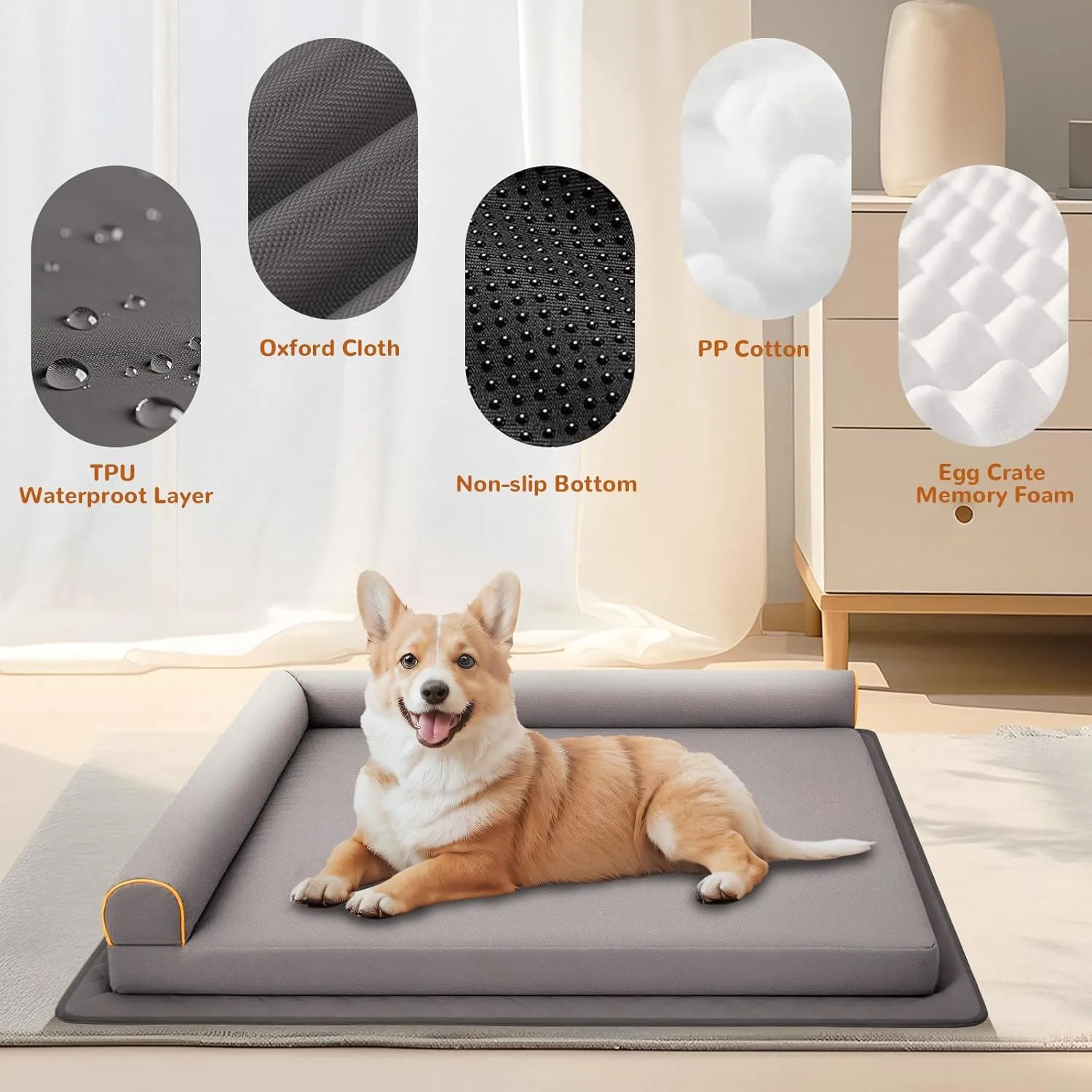Orthopedic Memory Foam Dog Bed,Washable Waterproof Lined Pet Bed,Removable Non-Slip Bottom Dog Bed Couch,Dust-Proof Absorbent Mat,Grey S
